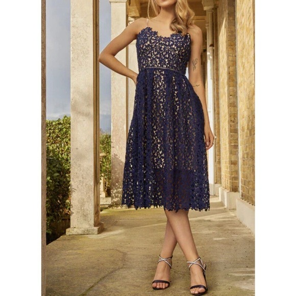 Chi Chi London Cami Premium Lace Midi Dress Size 12 Navy Spaghetti Straps Guiper - Picture 1 of 12
